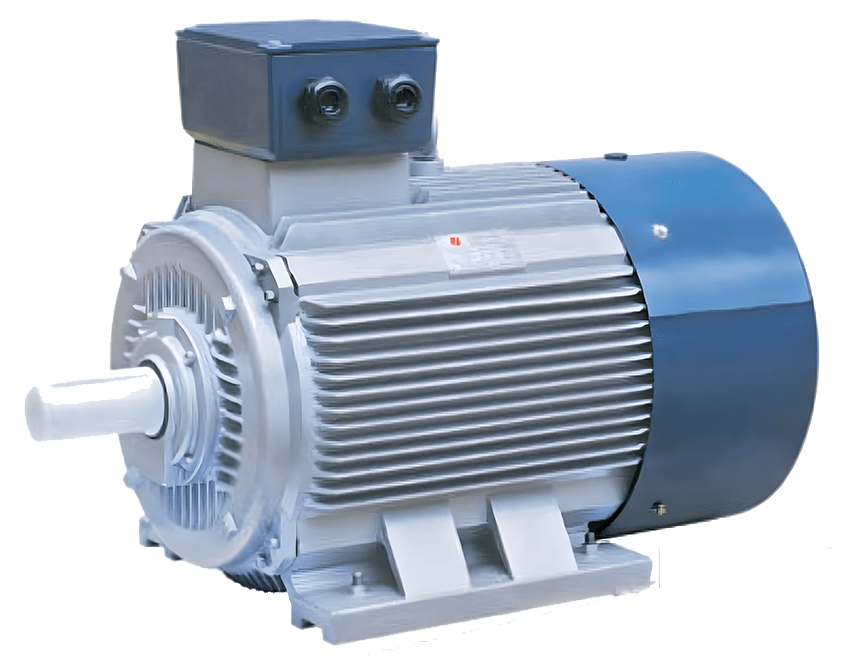 Close-up of a grey and blue industrial electric motor with cooling fins.